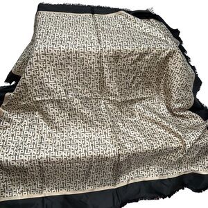 Longchamp neutral black cream signature logo print 100% silk scarf Paris France